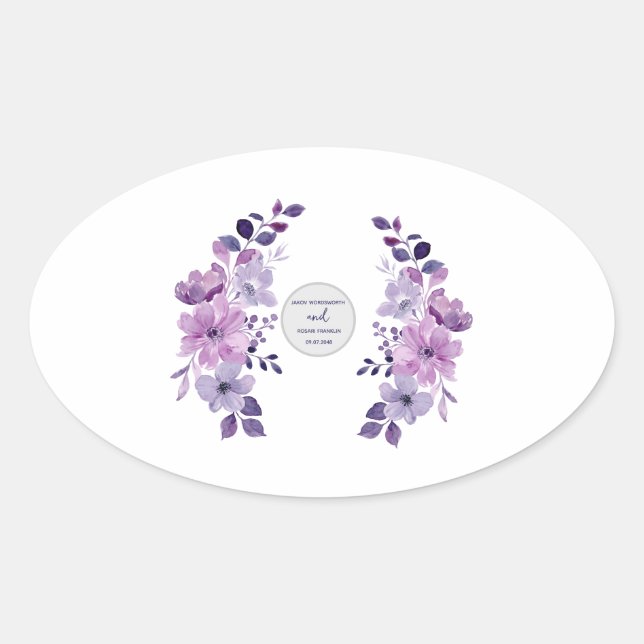 Sticker Ovale Bouquet de fleurs violettes à l'aquarelle (Devant)