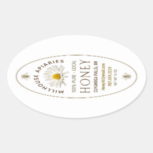 Sticker Ovale Bouteille locale de miel Daisy et abeilles Blanc
