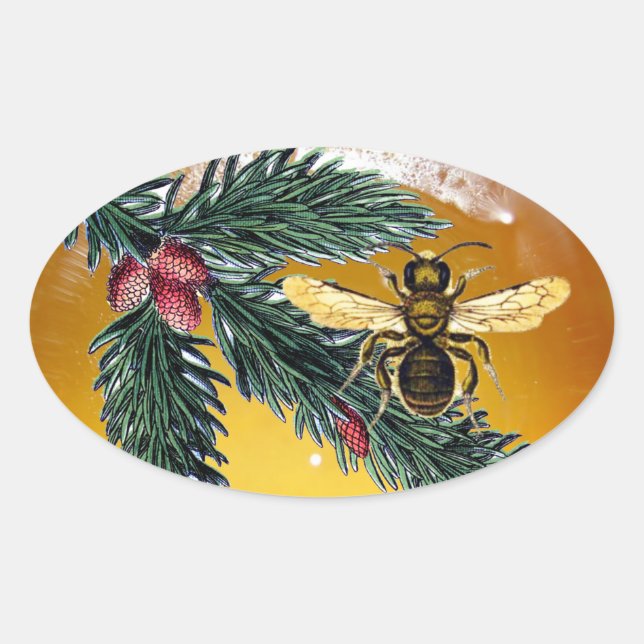 STICKER OVALE BRANCHES DE PINS ET HONEY BEE / BEEKEEPER BEEKEEPE (Devant)