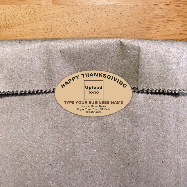 Sticker Ovale Brown de Thanksgiving (Thanksgiving greeting with your business brand on light brown oval shape sticker.)