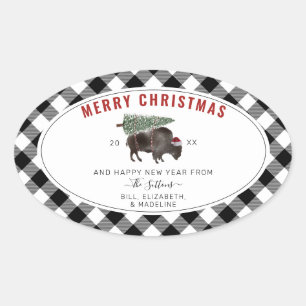 Sticker Ovale Buffalo Bison Père Noël Joyeux sapin de Noël Plaid