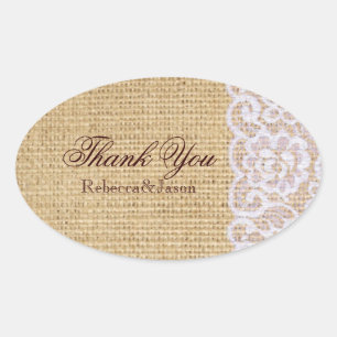 Sticker Ovale burlap white lace country rustique mariage merci