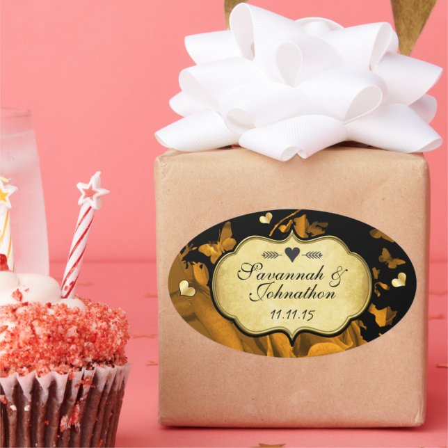 Sticker Ovale Cachet de mariage Cœurs d'Or Roses & Papillons (Fête)