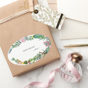 Sticker Ovale Cactus Tropical Nom Personnalisé Avec Amour