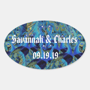 Sticker Ovale Cadeaux de mariage Paons Vintage S'embrassant