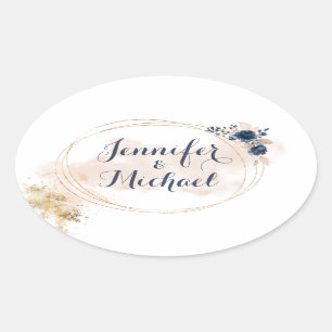 Sticker Ovale Cadre Moderne Élégant Doré Fleurs Pêches Bleues