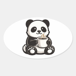 Sticker Ovale Café Panda Mignon – Panda Kawaii tenant un Café 