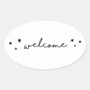 Sticker Ovale Calligraphie de bienvenue noir et blanc. Moderne s