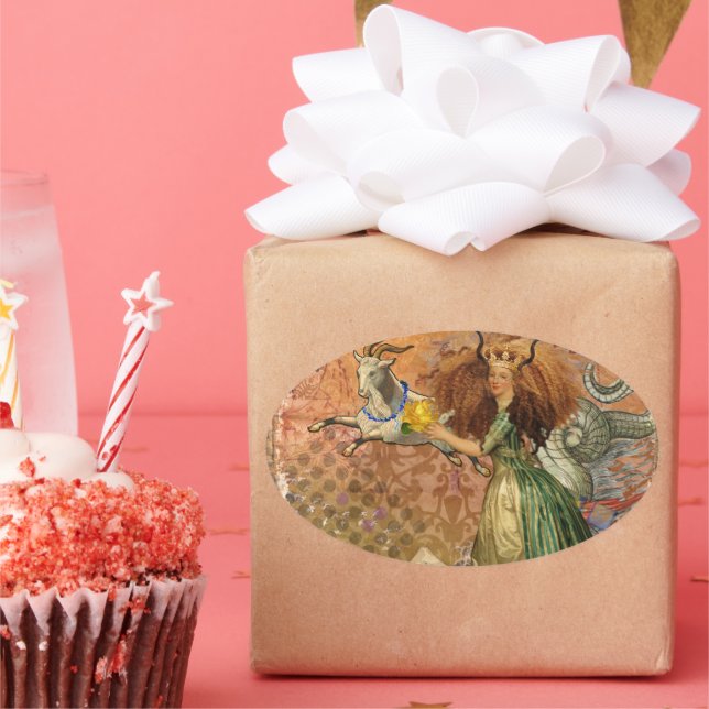 Sticker Ovale Capricorn Femme Chèvre Whimsical Amusant (Fête)