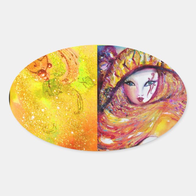 STICKER OVALE CARNAVAL EN JAUNE D'OR AVEC ROSE ROUGE (Devant)