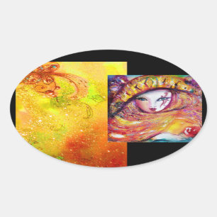 STICKER OVALE CARNAVAL EN JAUNE D'OR AVEC ROSE ROUGE