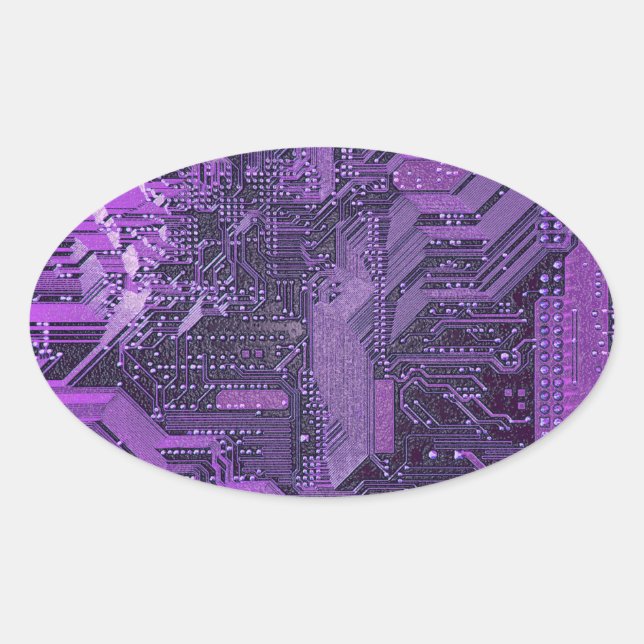 Sticker Ovale Carte Cyber Circuit Purple Tech Art Electronique (Devant)