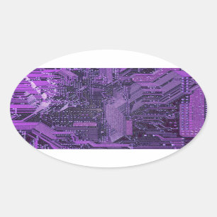 Sticker Ovale Carte Cyber Circuit Purple Tech Art Electronique