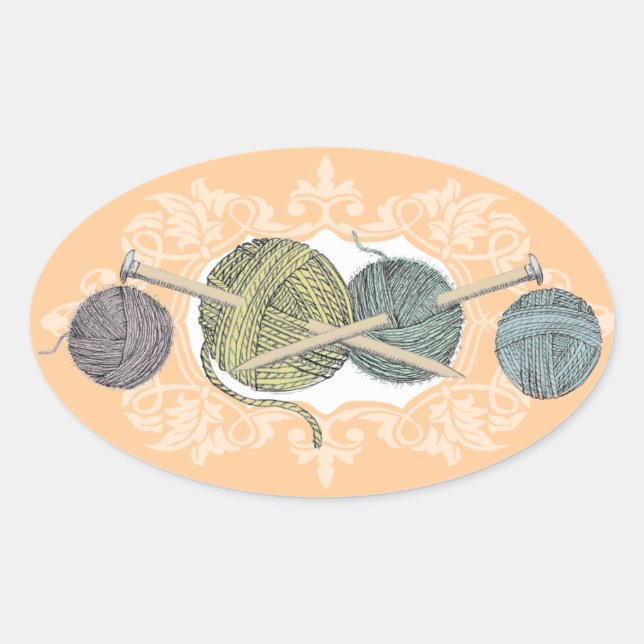 Sticker Ovale Carte de fil tricot aiguilles à main de couleur pe (Devant)
