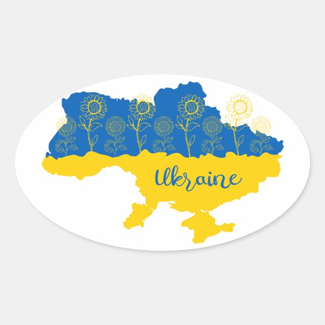 Sticker Ovale Carte de l'Ukraine avec tournesol et drapeau ukrai (Devant)