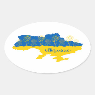 Sticker Ovale Carte de l'Ukraine avec tournesol et drapeau ukrai