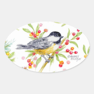 Sticker Ovale Carte de vœux de branche de baie de mésange des fê