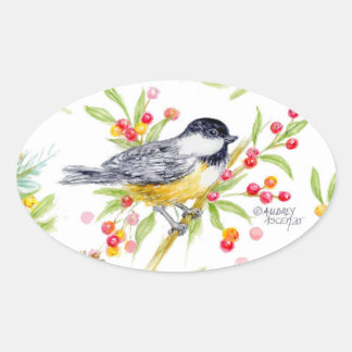 Sticker Ovale Carte de vœux de branche de baie de mésange des fê