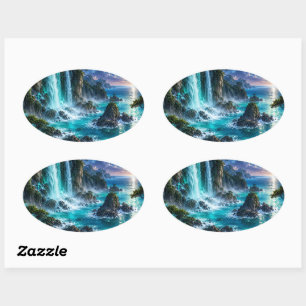 Sticker Ovale Cascade Fantastique Magique sur la Côte Océanique
