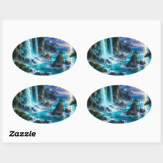 Sticker Ovale Cascade Fantastique Magique sur la Côte Océanique 