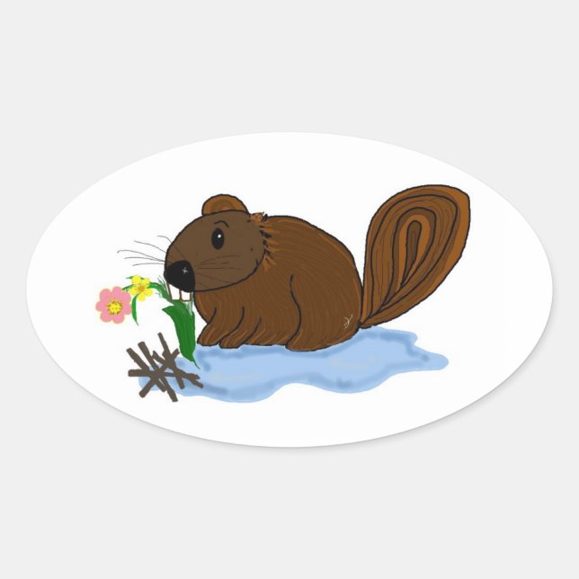 Sticker Ovale Castor avec des bâtons et des fleurs (Devant)