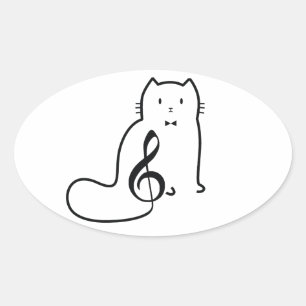 STICKER OVALE CAT ET MUSIQUE NOTE