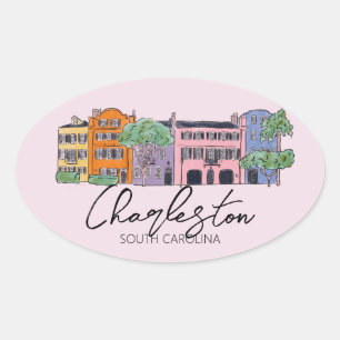 Sticker Ovale Charleston, Caroline du Sud Mariage rose et arc