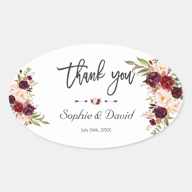 Sticker Ovale Charme Bourgogne Marsala Floral Mariage (Devant)