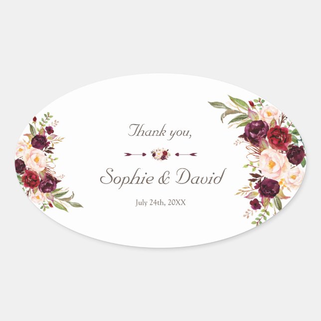 Sticker Ovale Charme Bourgogne Rouge Marsala Floral Mariage (Devant)
