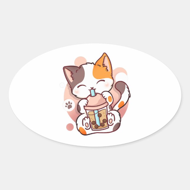 Sticker Ovale Chat Boba Tea Bubble Tea Anime Kawaii Neko pour fi (Devant)
