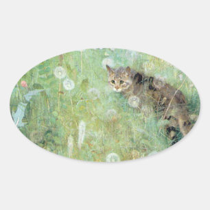 Sticker Ovale Chat dans la prairie estivale, Bruno Liljefors