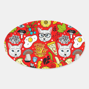 Sticker Ovale Chat et oeuf sur le rouge