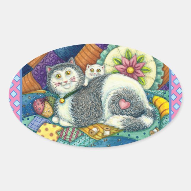 STICKER OVALE CHAT MÈRE & CUISINE, QUILTS EN PATCHWORK, PINCUSHI (Devant)