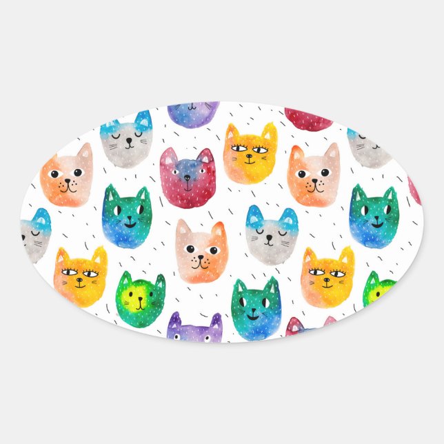 Sticker Ovale Chats aquarelles et amis (Devant)