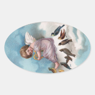 Sticker Ovale Cherub et oiseaux sur le nuage Vintage Pâques