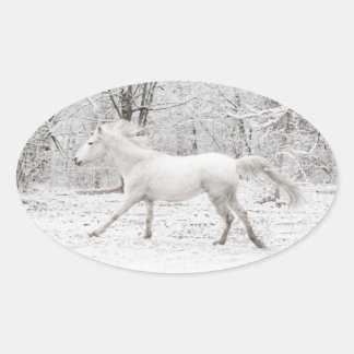 Sticker Ovale Cheval blanc galopant dans la neige