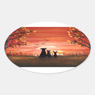 Sticker Ovale Chiens couchés de soleil et animaux de compagnie