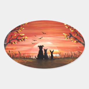 Sticker Ovale Chiens de coucher du soleil d'automne et animaux