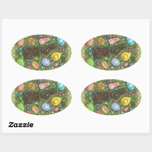 STICKER OVALE CHOCOLAT PÂQUES BUNNY, POULET, OEUFS, JELLY BEANS