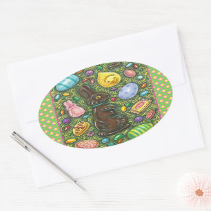 STICKER OVALE CHOCOLAT PÂQUES BUNNY, POULET, OEUFS, JELLY BEANS