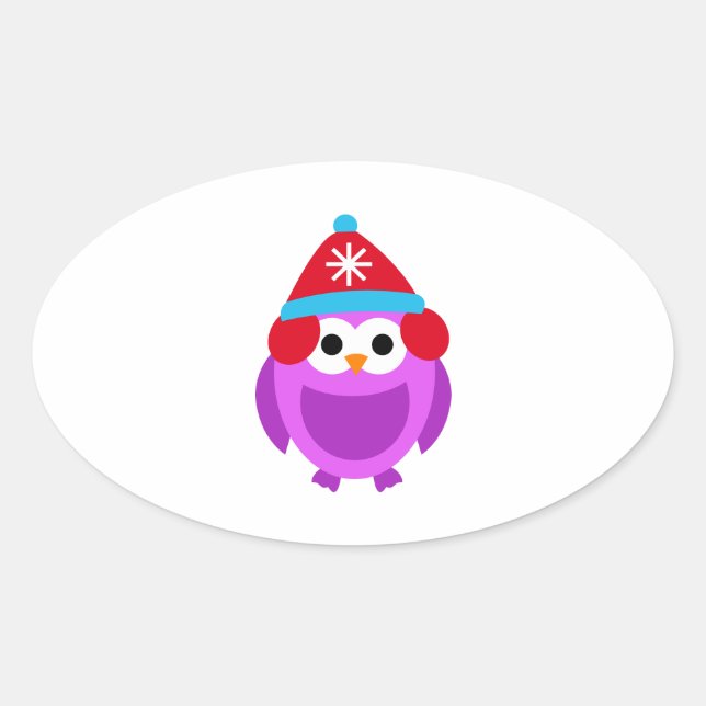 Sticker Ovale Chouette Oiseau violet hiver Rouge Casquette migno (Devant)