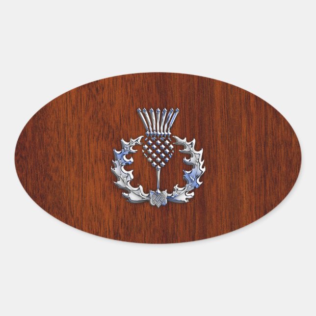 Sticker Ovale Chrome Comme Mahogany Bois Grain Scottish Thistle (Devant)