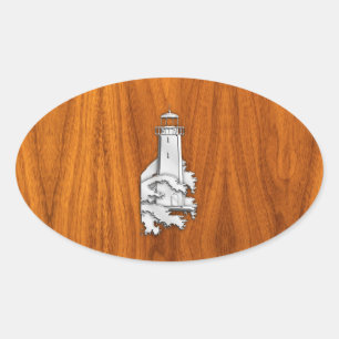Sticker Ovale Chrome Style Lighthouse on Teak Wood Decor