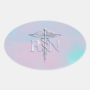 Sticker Ovale Chrome Style RN Caduceus Médicale Mère Pearl Look
