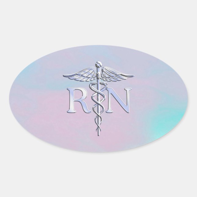Sticker Ovale Chrome Style RN Caduceus Médicale Mère Pearl Look (Devant)