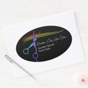 Sticker Ovale Ciseaux arc-en-ciel Styliste Chic Salon Marketing