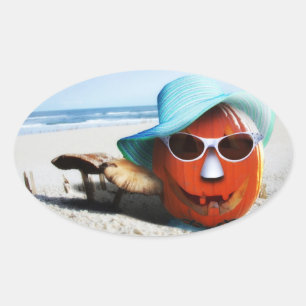Sticker Ovale Citrouille D'Halloween À La Plage