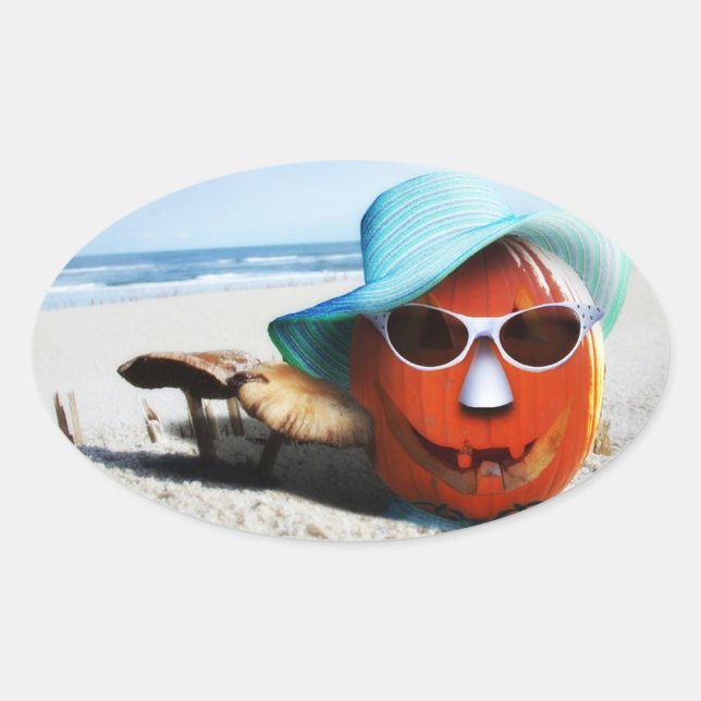 Sticker Ovale Citrouille D'Halloween À La Plage (Devant)