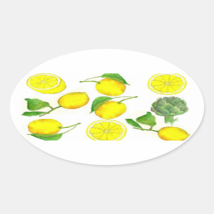 Sticker Ovale Citrus citron Fruit Aquarelle Peinture Art
