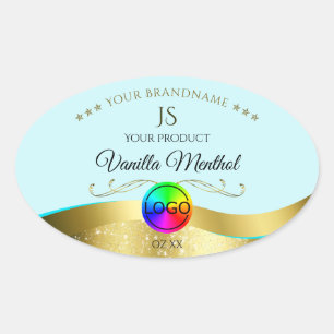Sticker Ovale Clair Turquoise Wavy Gold Logo Monogramme Étiquett